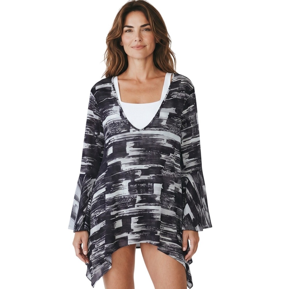Dor Dor Couture Black Mesh Women's size 3X Bell Sleeve Top Coverup Open Knit